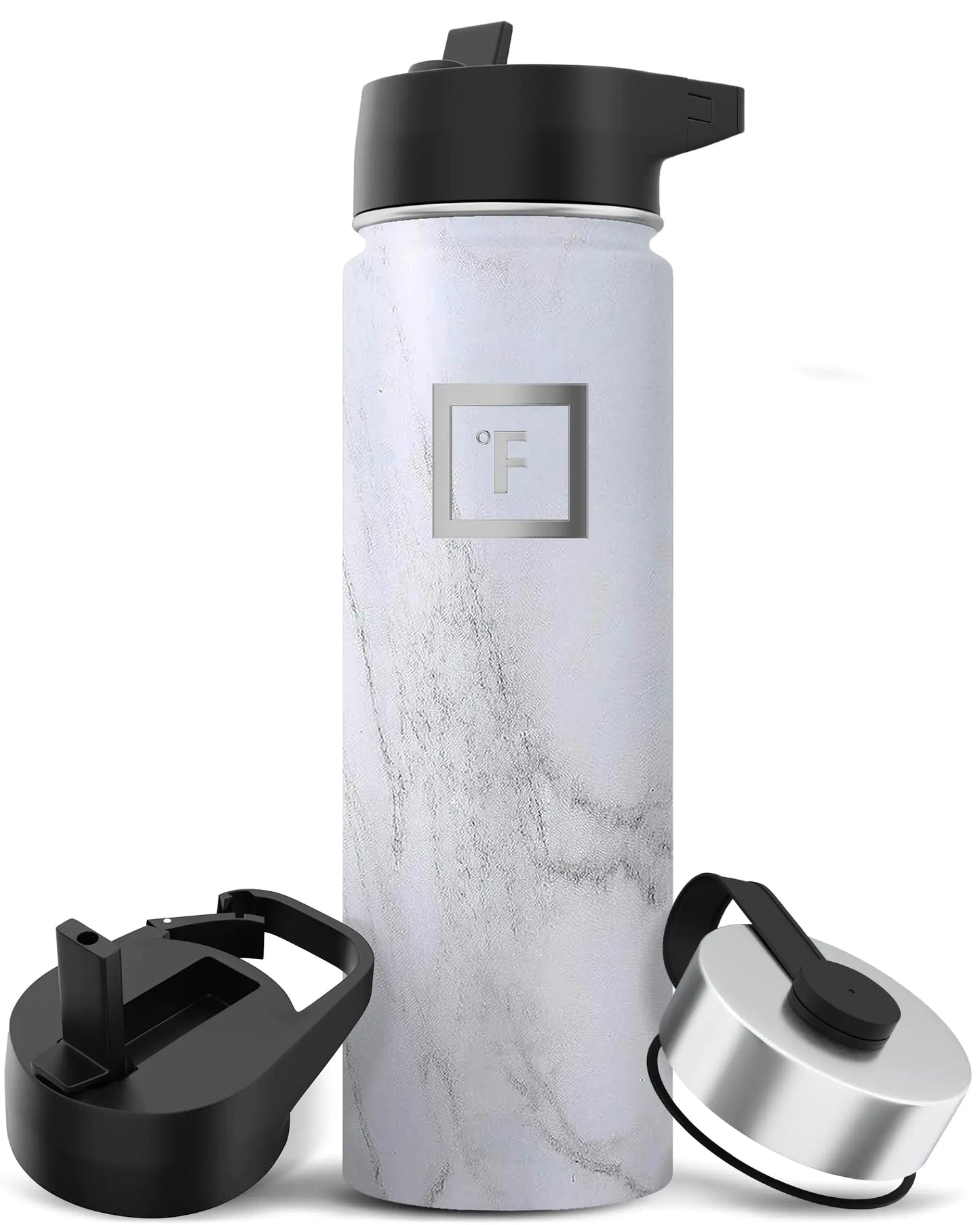 IRON °FLASK Camping & Hiking Hydration Flask with 3 Lids - Stainless Steel Double Walled & Vacuum Insulated Water Bottle - Leak Proof & BPA Free (Carrara Marble Straw - 22 oz)
