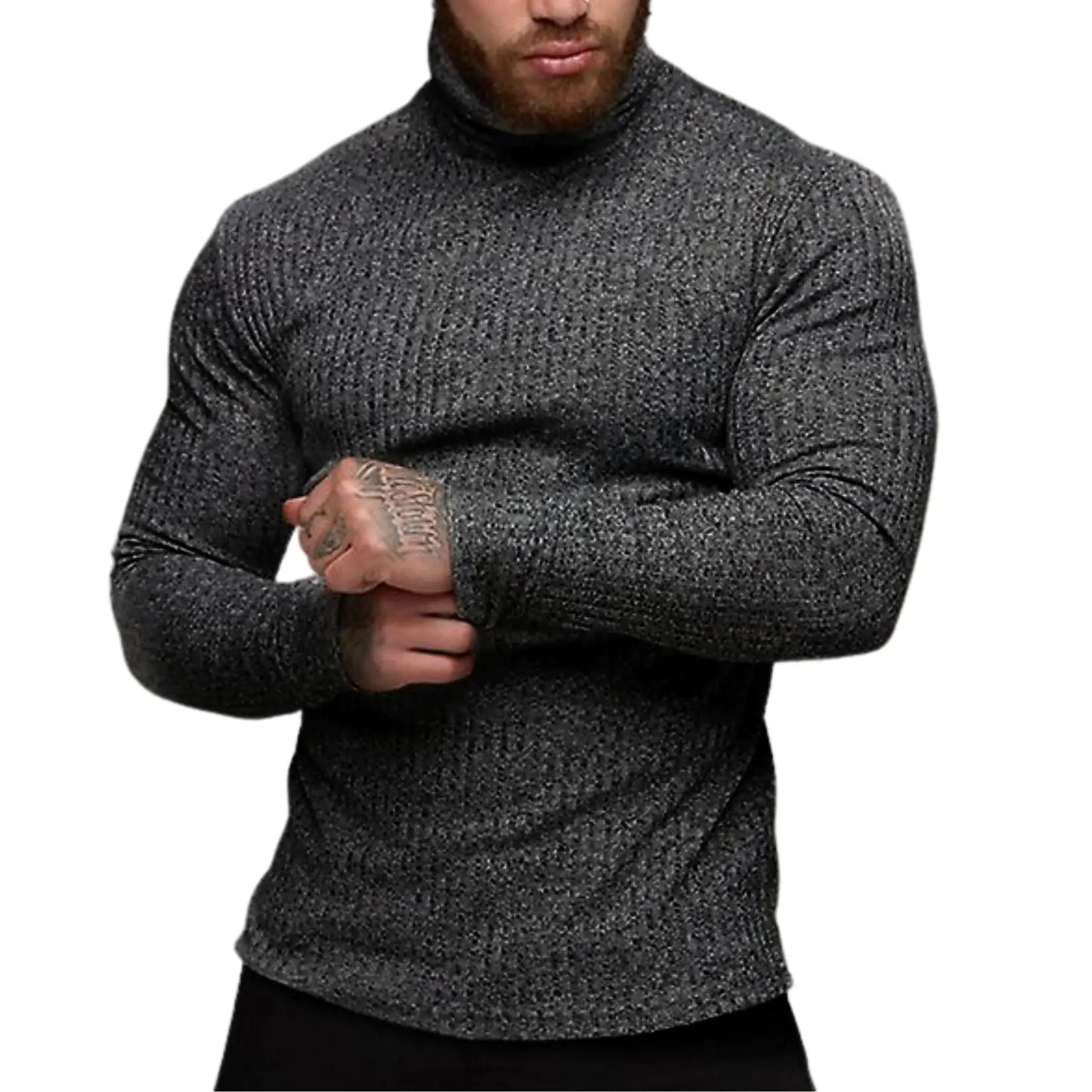 TURETRENDY Mens Stretch Muscle Tshirts Turtleneck Long Sleeve Knit Tees Casual Slim Fit Basic Shirt Tops Dark Gray L