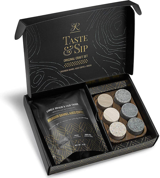 The Gourmet Gift Set - Whiskey Stones & Bourbon Barrel Aged Coffee. Gifts for Him